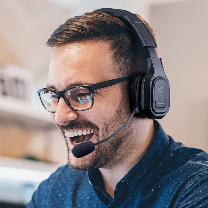 aluratek Bluetooth wireless headset noise-cancellation boom mic lifestyle zoom