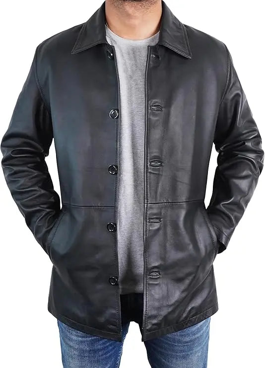 Duazan Men’s Brown Black Lambskin Leather Car Coat for Men Duazan