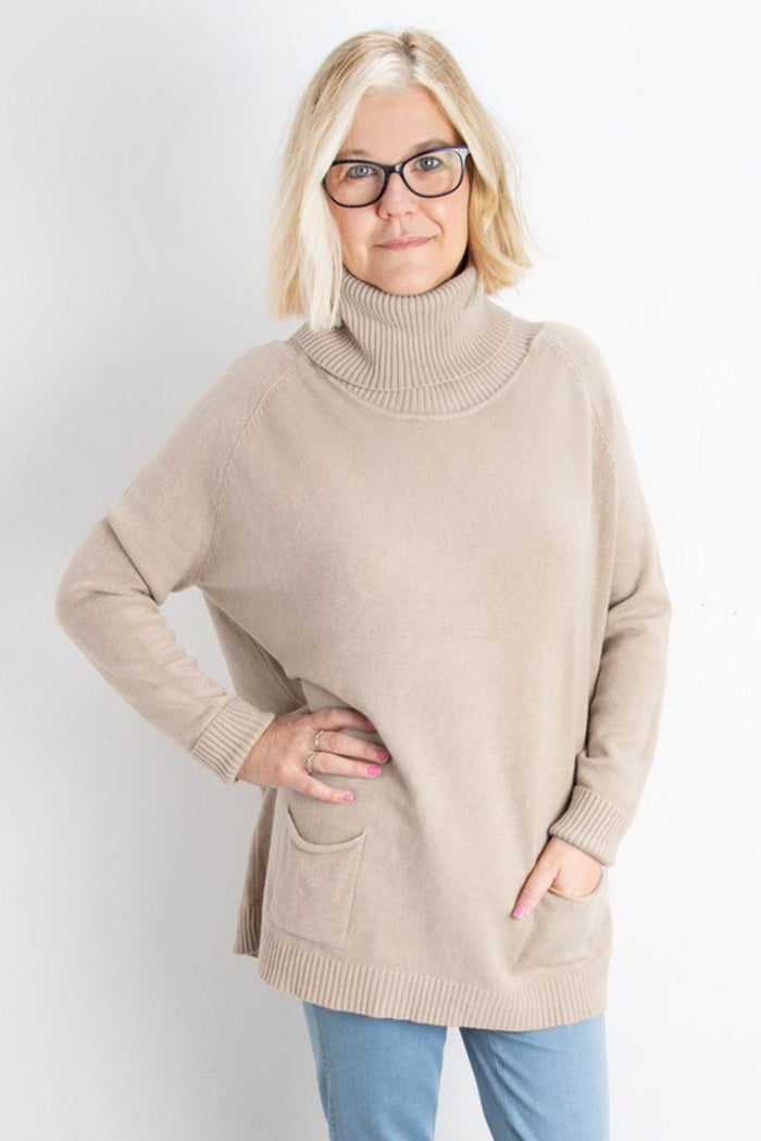 Amazing Woman Anna 082 Beige Roll Neck Jumper With Pockets - Dotique - Amazing Woman