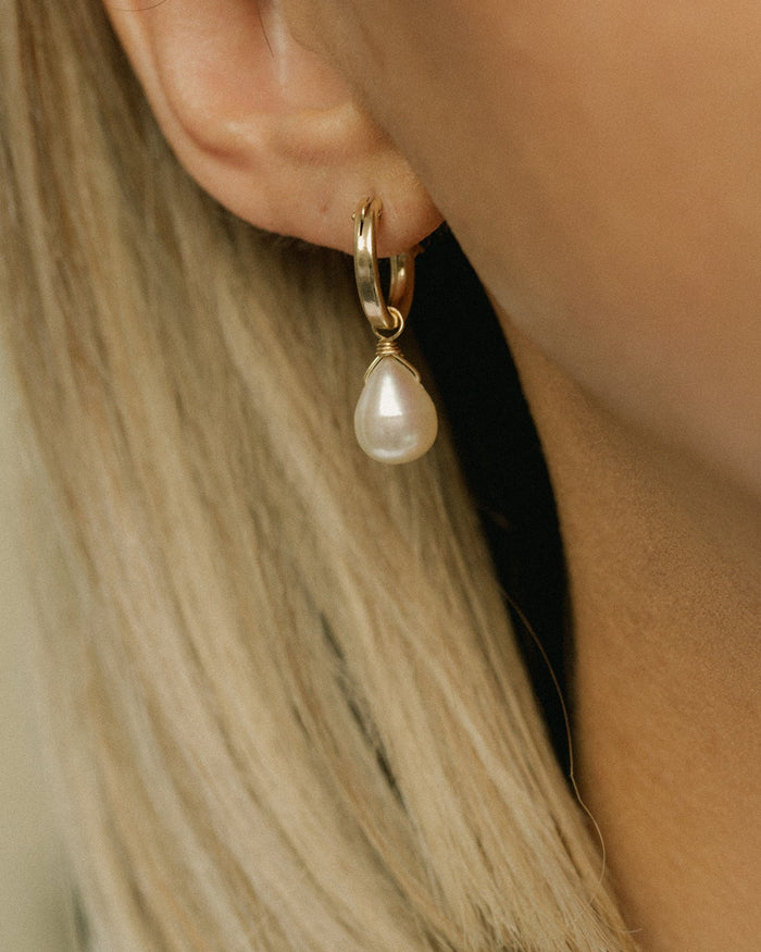 Leah Alexandra gold pearl drop hoops huggie hoops