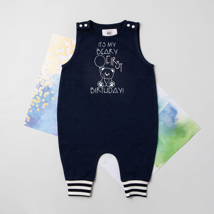 "BEARY FIRST BIRTHDAY" Summer Themed First Birthday Romper with Striped Cuff