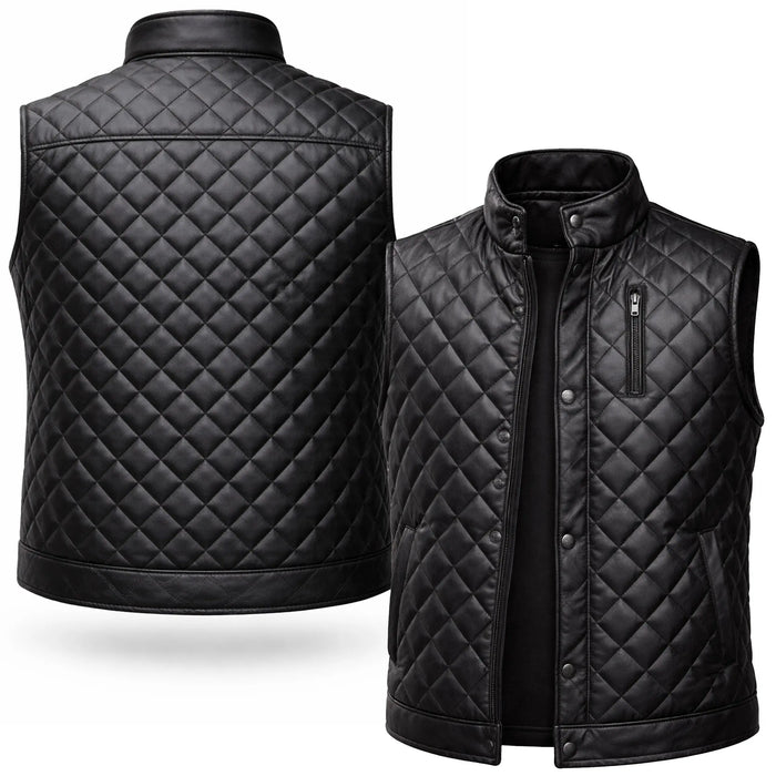 Diamond Quilted Leather Vest for Men and Women — Black Sleeveless Biker Gilet | Leveljacket - Leveljacket