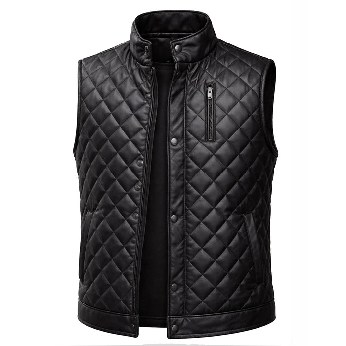 Diamond Quilted Leather Vest for Men and Women — Black Sleeveless Biker Gilet | Leveljacket - Leveljacket
