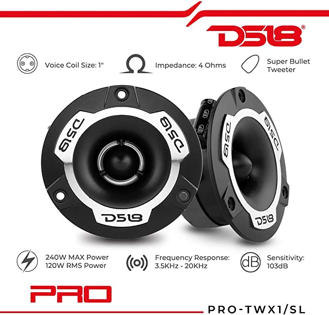 DS18 PRO-TWX1 Super Tweeter in Silver - 1" Aluminum Frame and Diaphragm 240W Max-Entrega gratis en Tijuana