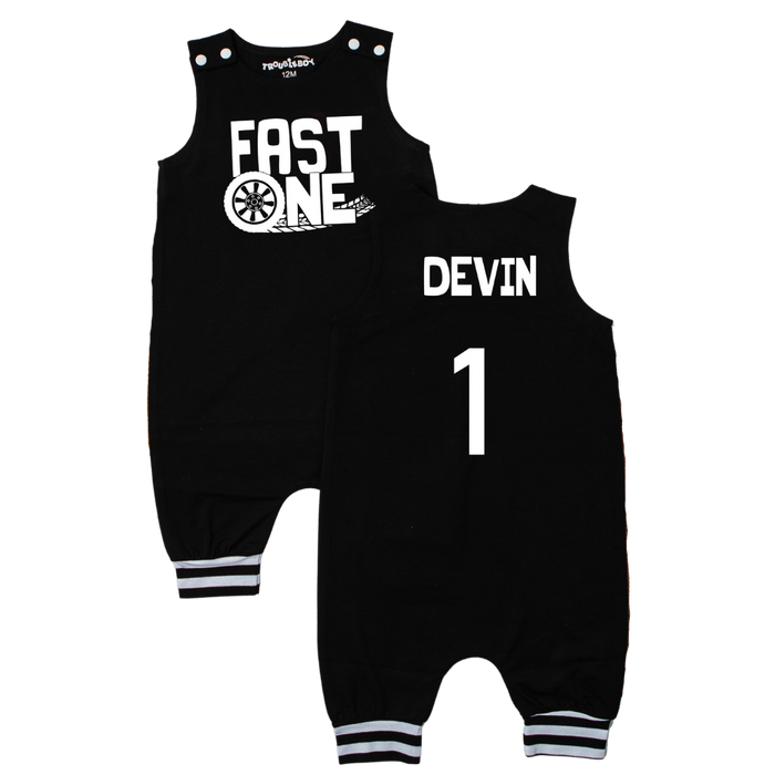 "FAST ONE" Racecar-Themed First Birthday Romper with Striped Cuff