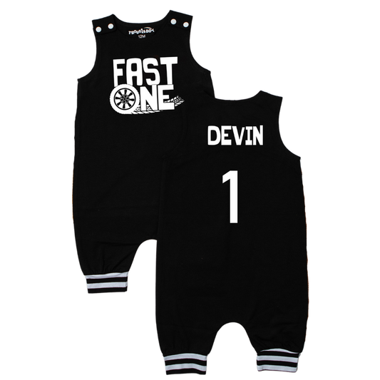"FAST ONE" Racecar-Themed First Birthday Romper with Striped Cuff
