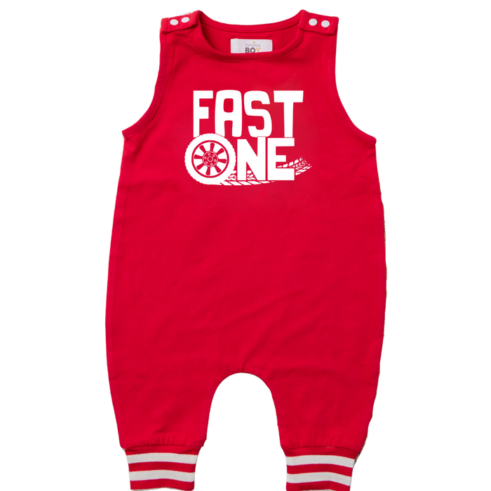 "FAST ONE" Racecar-Themed First Birthday Romper with Striped Cuff