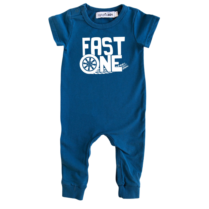 "Fast One" Racecar-themed Slim Fit 1st Birthday Short Sleeve Romper