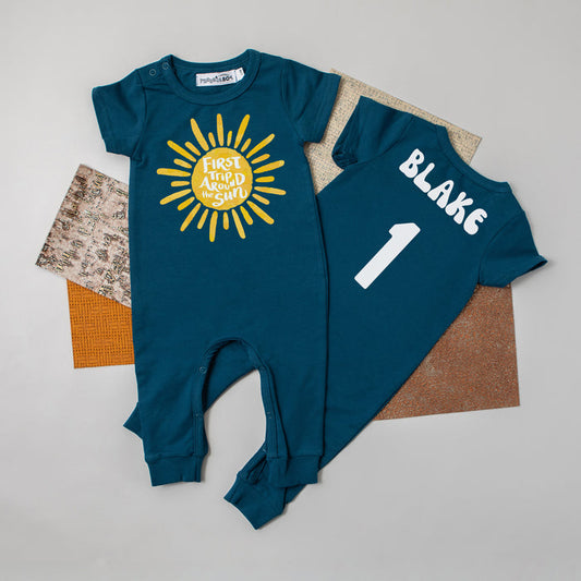 "First Trip Around the Sun" Personalized 1st Birthday Short Sleeve Slim Fit Romper