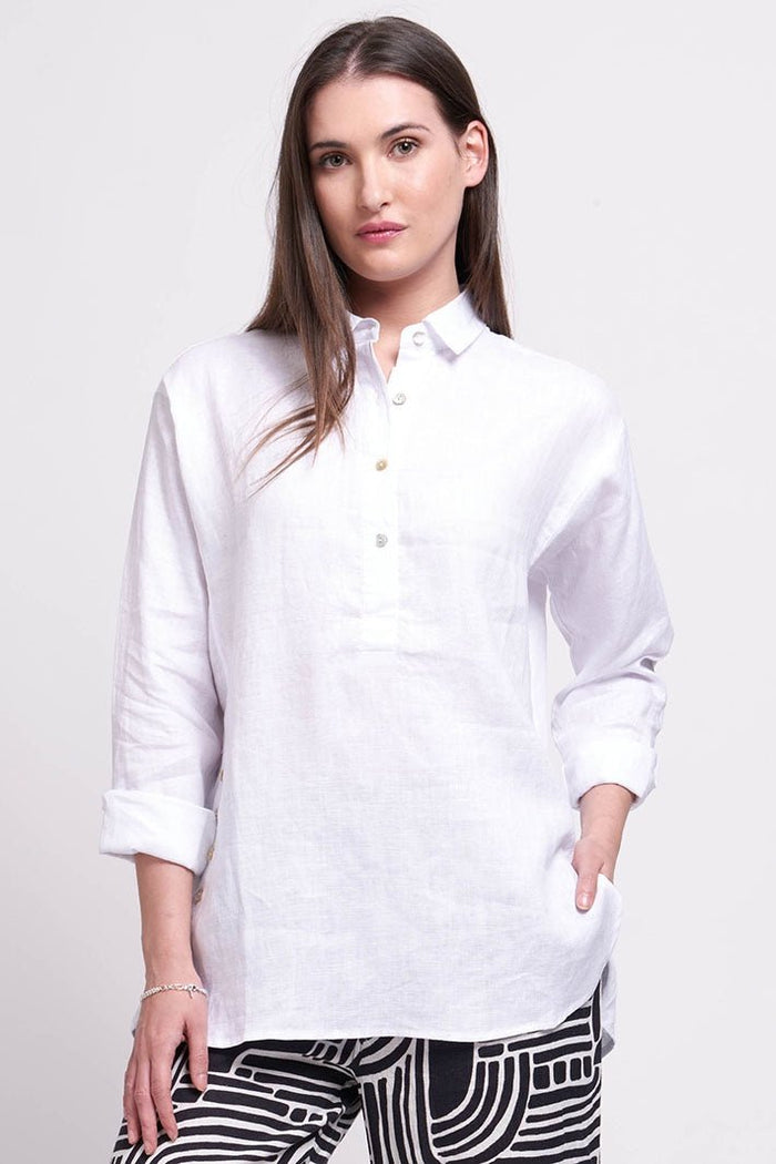Foil 7388 White Linen Half Placket Shirt - Dotique