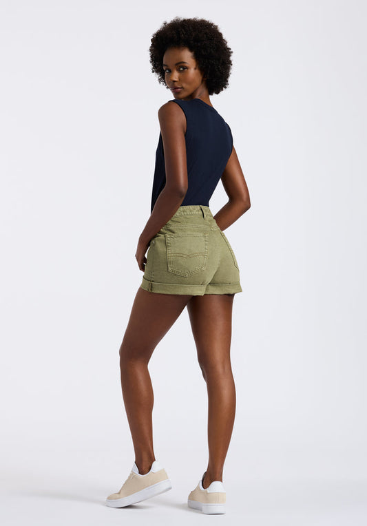 Buffalo Women Shorts Green Denim Denim Shorts Rigid High-Rise Button Closure