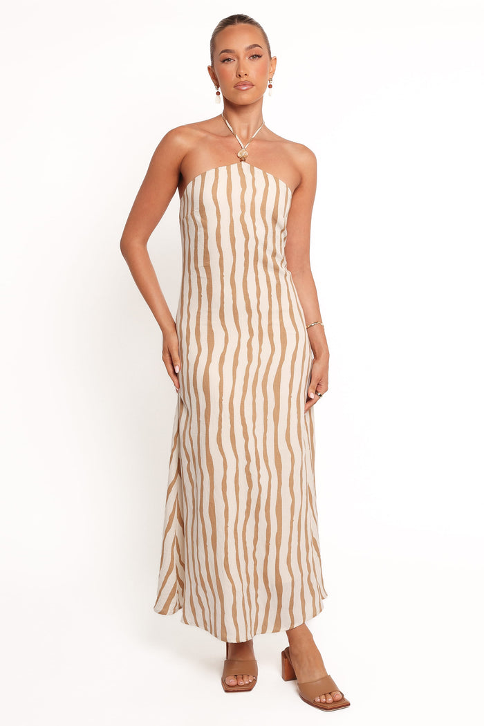 Petal and Pup USA DRESSES Kim Halter Maxi Dress - Tan Stripe