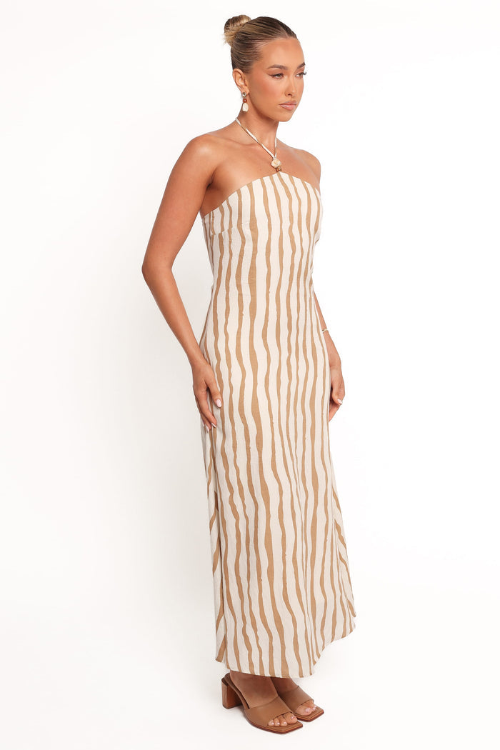 Petal and Pup USA DRESSES Kim Halter Maxi Dress - Tan Stripe