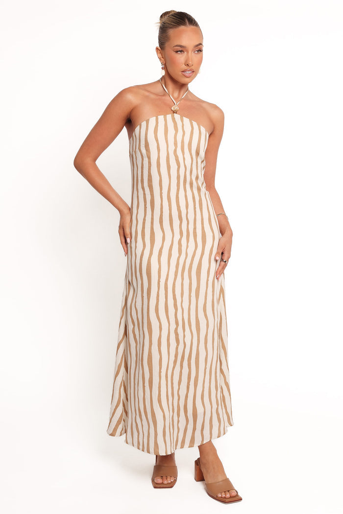 Petal and Pup USA DRESSES Kim Halter Maxi Dress - Tan Stripe
