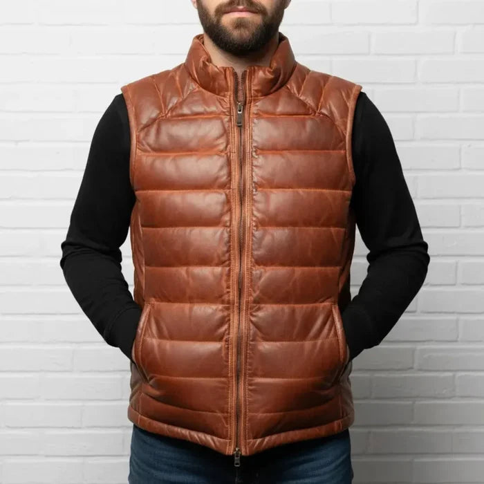 Men’s Cognac Brown Leather Puffer Vest – Premium Quilted Insulated Outerwear Duazan