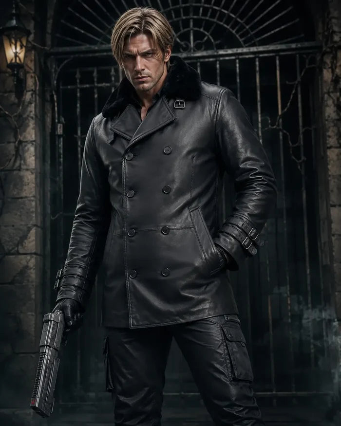 leon S kennedy wearing a black leather double-breasted coat with a dark fur collar, standing in front of a dark wrought-iron gate and stone wall while holding a handgun.