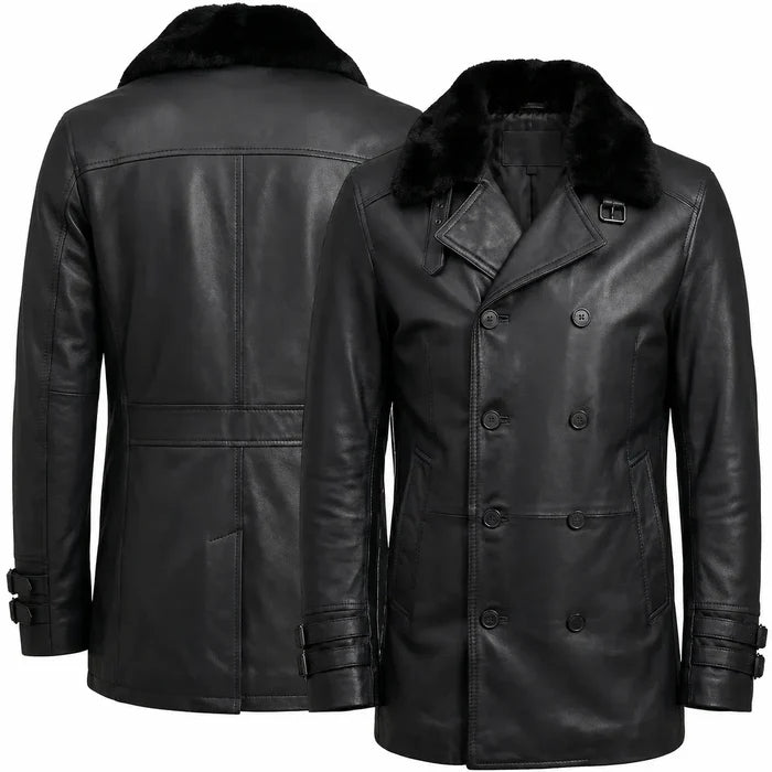 Leveljacket Leon S. Kennedy Black Leather Jacket — RE 9 Inspired Handcrafted Shearling Collar Coat