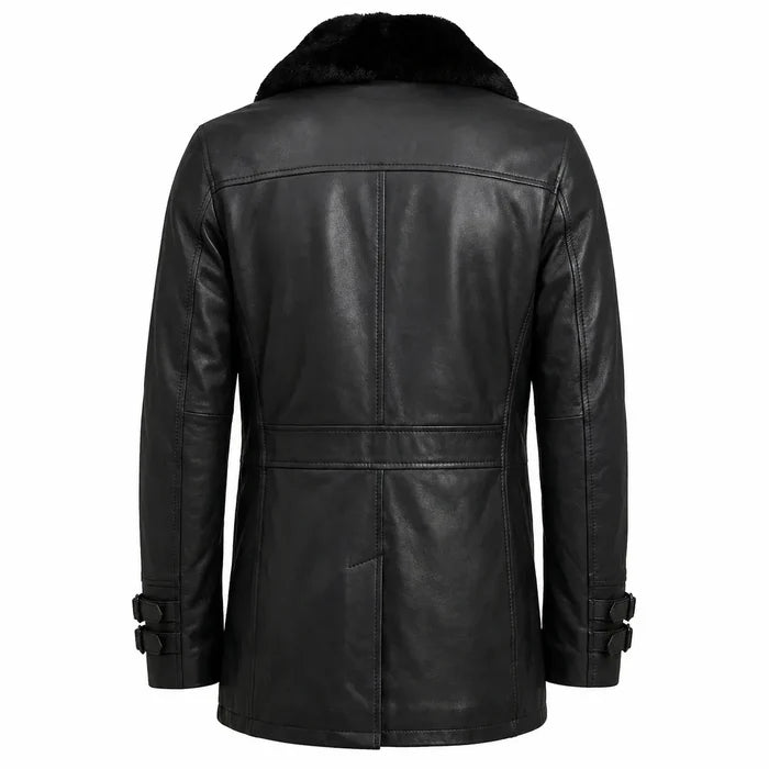 Leveljacket Leon S. Kennedy Black Leather Jacket — RE 9 Inspired Handcrafted Shearling Collar Coat