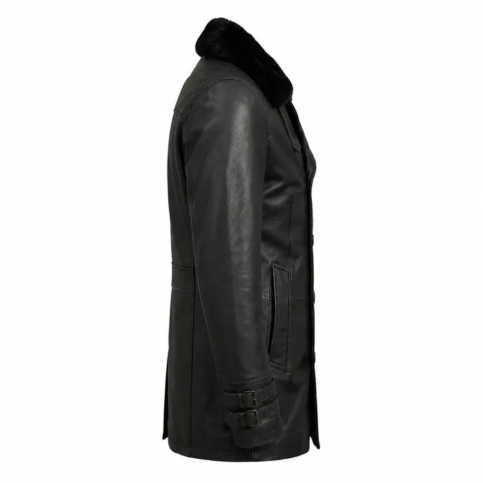 Leveljacket Leon S. Kennedy Black Leather Jacket — RE 9 Inspired Handcrafted Shearling Collar Coat