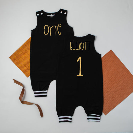 Minimalist Gold "ONE" First Birthday Romper with Striped Cuff