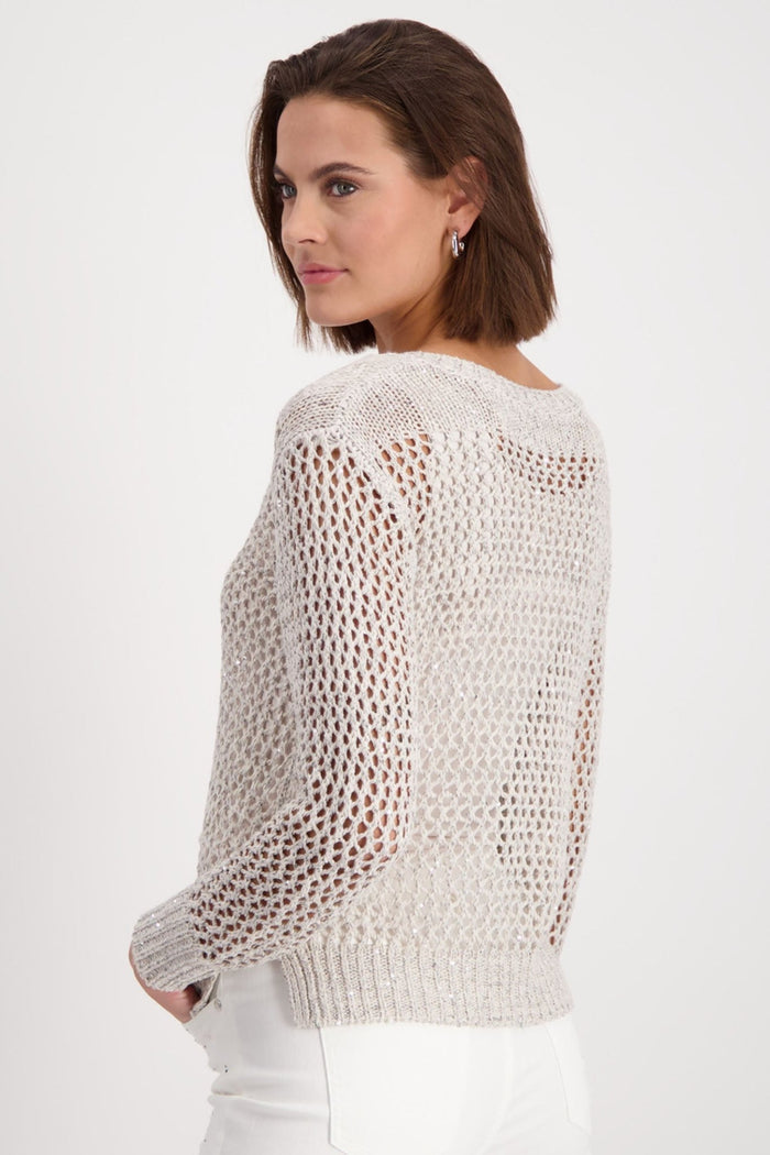 Monari 408471 Peanut Beige Sequin Mesh Knit V-Neck Jumper - Dotique