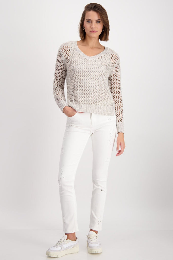 Monari 408471 Peanut Beige Sequin Mesh Knit V-Neck Jumper - Dotique