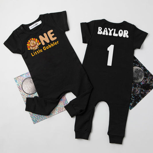 "ONE LITTLE GOBBLER" PERSONALIZED 1ST BIRTHDAY SHORT SLEEVE ROMPER FOR TURKEY DAY