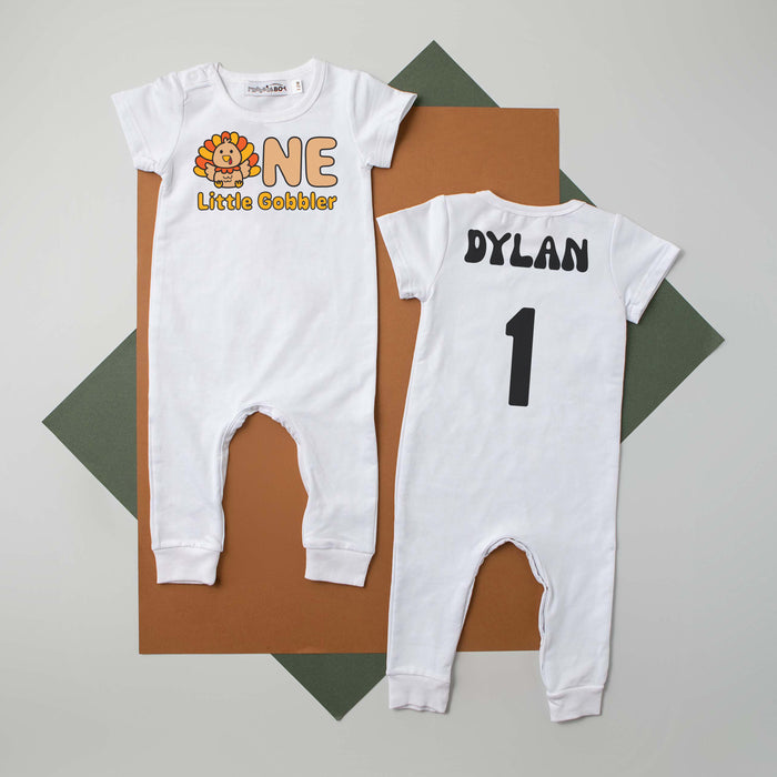 "ONE LITTLE GOBBLER" PERSONALIZED 1ST BIRTHDAY SHORT SLEEVE ROMPER FOR TURKEY DAY