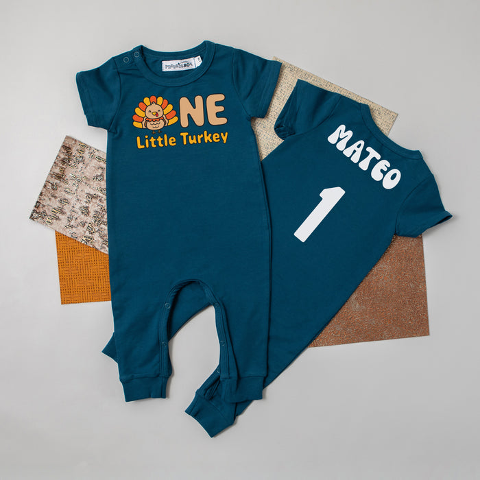 "ONE LITTLE TURKEY" PERSONALIZED 1ST BIRTHDAY SHORT SLEEVE ROMPER FOR TURKEY DAY