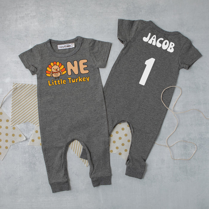 "ONE LITTLE TURKEY" PERSONALIZED 1ST BIRTHDAY SHORT SLEEVE ROMPER FOR TURKEY DAY