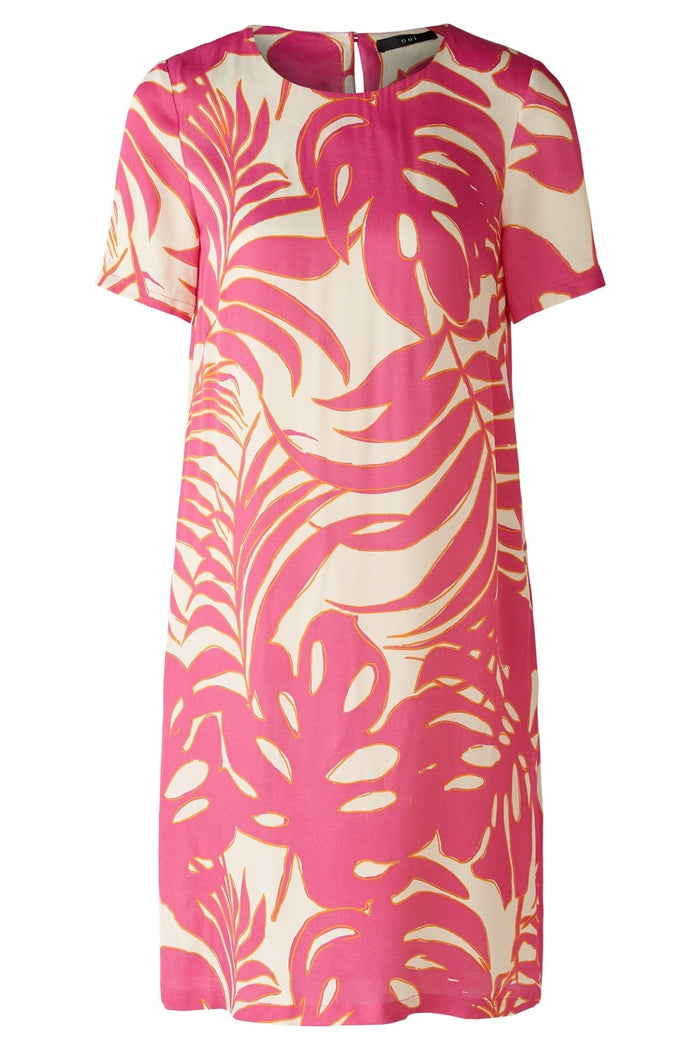 Oui 86713 Pink White Tropical Leaf Print Dress - Dotique