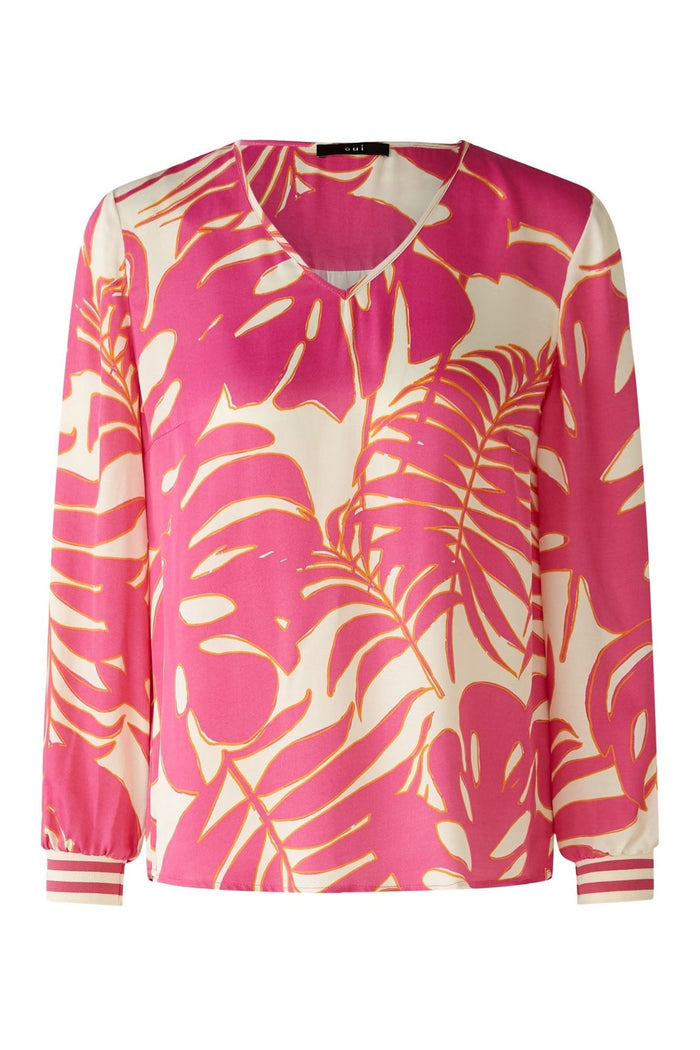 Oui 87616 Pink White Tropical leaf Print V-Neck Top - Dotique