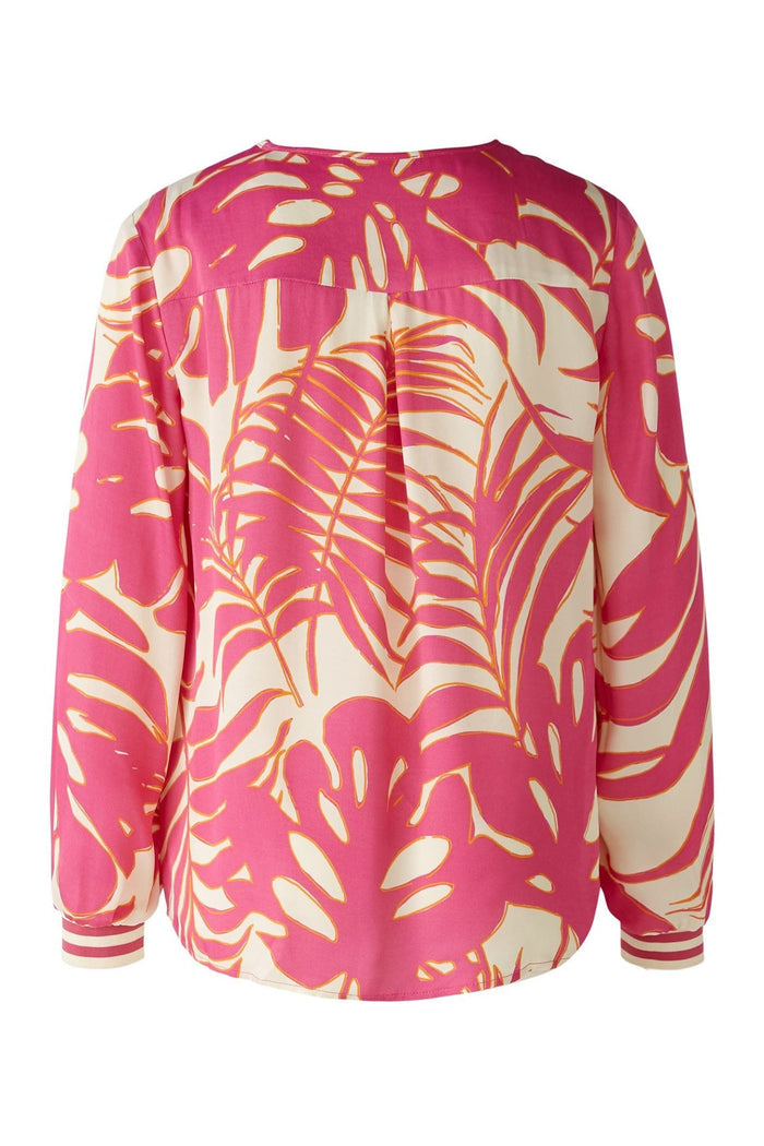 Oui 87616 Pink White Tropical leaf Print V-Neck Top - Dotique