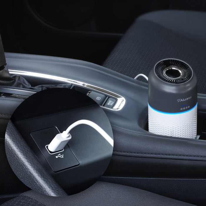 Aluratek Portable HEPA Air Purifier for Personal Spaces and Cars car console