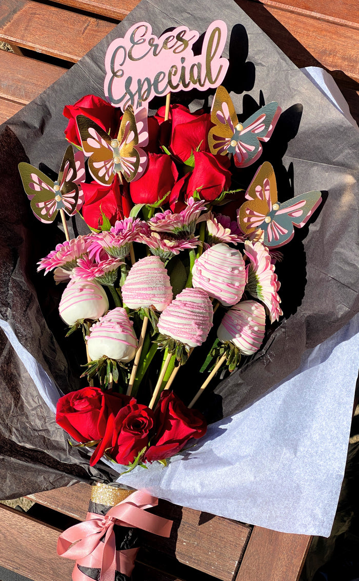 Red roses with custom topper, characters & berries