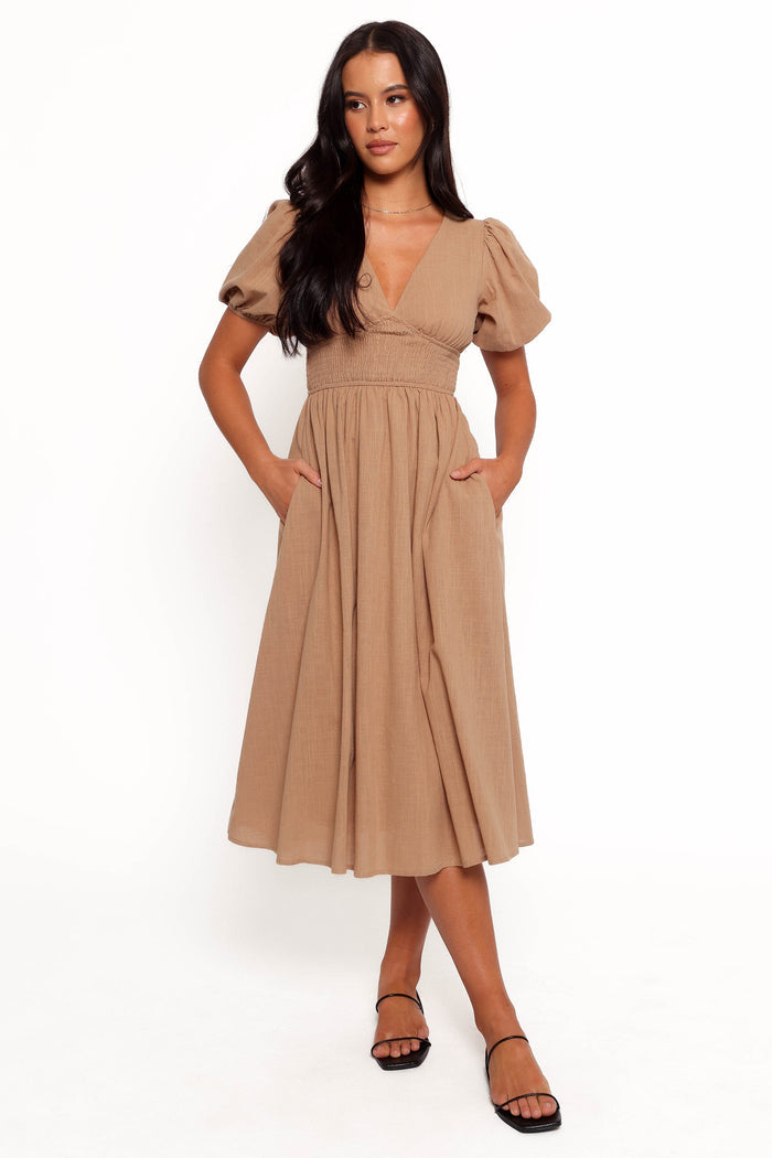 Petal and Pup USA DRESSES Ronnie Short Sleeve Midi Dress - Tan (Hold for Rack)