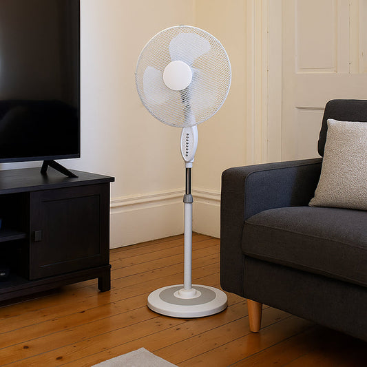 Sheffield 40cm Pedestal Fan – White | Remote Control, Adjustable Height, Timer